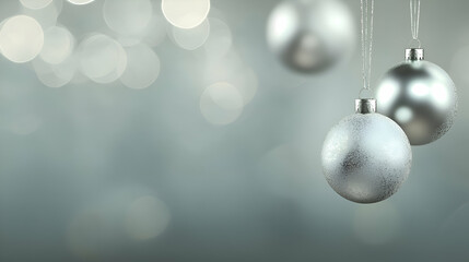 Silver Christmas Ornaments Hanging Against Blurred Lights