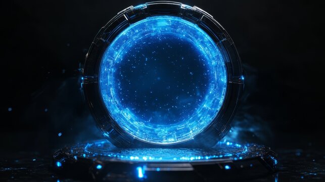 Futuristic technology background featuring a blue hologram portal with magic fantasy elements, high-tech futuristic design, and abstract circular teleport podium