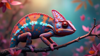  chameleons change color to blend into abstract art backgrounds.