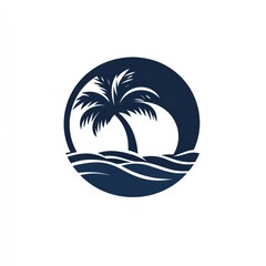 Palm tree silhouette on beach within circle.