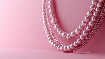 Obraz premium Elegant round pearls necklace displayed on soft pink background, showcasing beautiful arrangement of varying sizes and textures, perfect for adding touch of sophistication