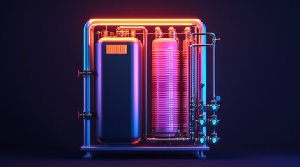 Obraz premium A futuristic industrial machine with vibrant neon lights, featuring tanks and pipes against a dark background.