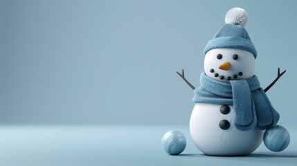 photograph of Cute 3D cartoon snowman on background with space for text.