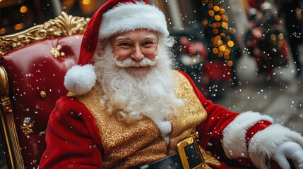 joyful Santa Claus in festive setting, surrounded by snowflakes and holiday lights, embodies spirit of Christmas cheer