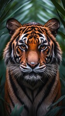 Fototapeta premium A close-up portrait of a majestic tiger peering through lush green foliage.