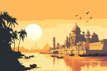 Obraz premium Illustration beautiful sunset over river sky warm orange Minimalist of Iconic Varanasi