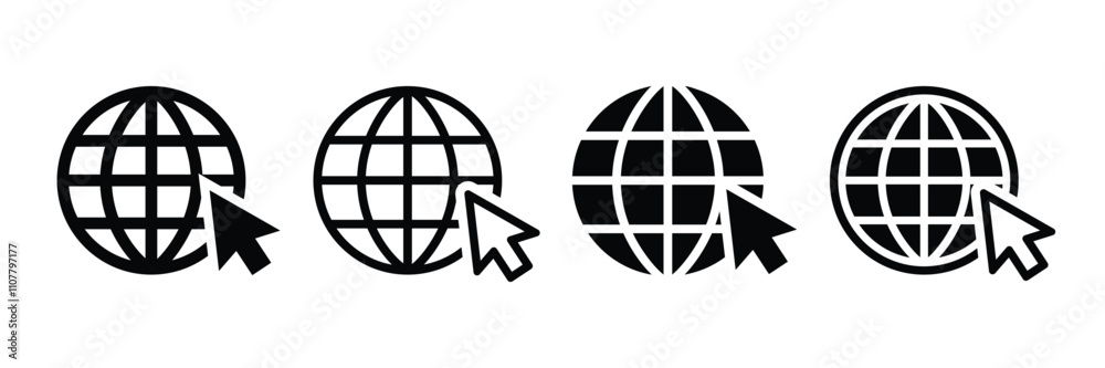 Poster web icon set. click to go website. globe with arrow. internet icon. web sign.