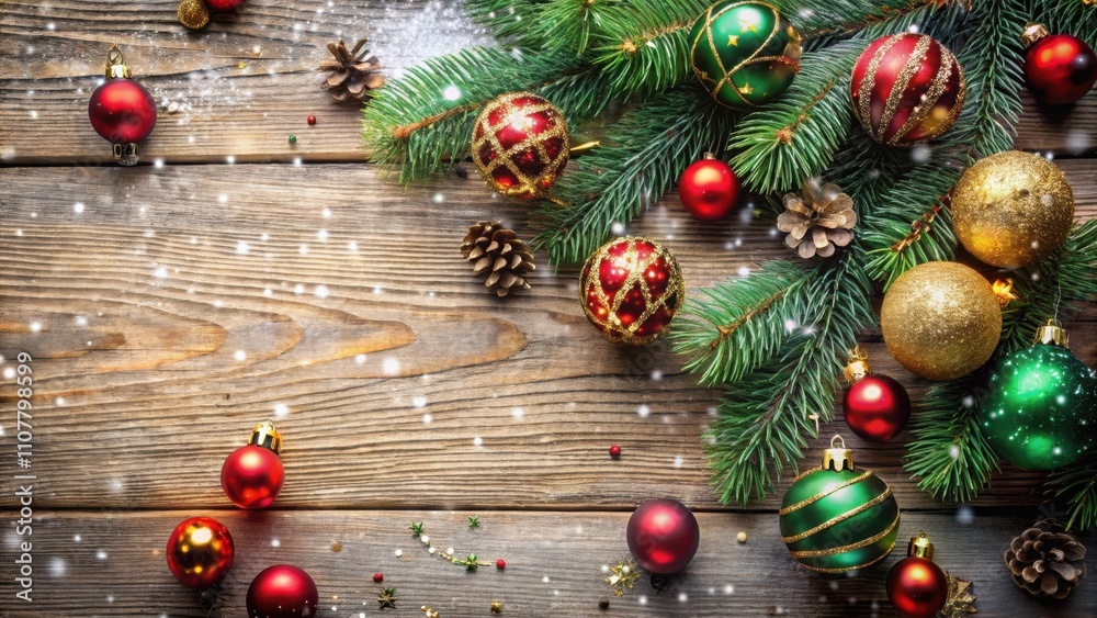 Poster festive christmas ornaments and pine branches on a rustic wooden background with falling snow