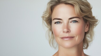 Naklejka premium A close-up portrait of an elegant, middle-aged woman against a white background, showcasing her radiant skin tone