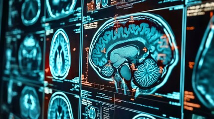 Fototapeta premium Close-up computer screen multiple MRI images human brain Advanced scan