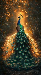 Obraz premium A peacock with its tail feathers spread wide, standing in a forest setting with golden light shining through the trees.