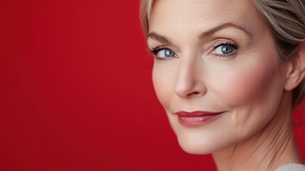 Fototapeta premium A close-up portrait of an elegant, middle-aged woman against a yellow background, showcasing her radiant skin tone