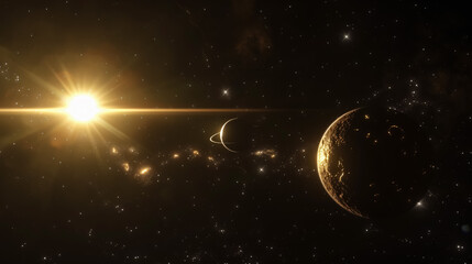A solar system with three stars, designed in an Unreal Engine style.