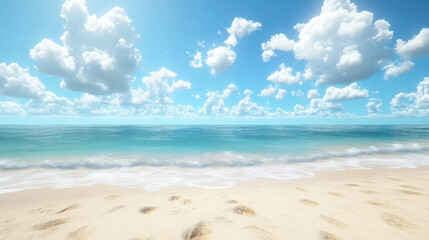 Fototapeta premium serene beach scene featuring soft sand, gentle waves, and fluffy clouds under bright blue sky. Perfect for relaxation and tranquility