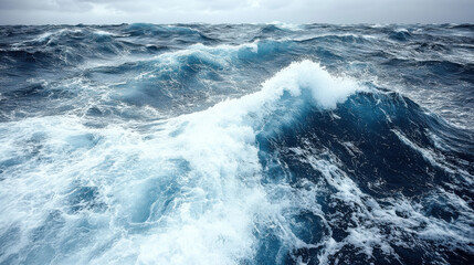 Obraz premium Rough ocean waves create dramatic scene with foamy white crests against deep blue water, evoking sense of power and tranquility
