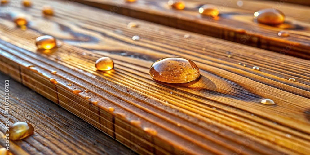 Aufkleber Water droplets on a wooden surface, reflecting the sun's warmth and creating a mesmerizing display of light and shadow