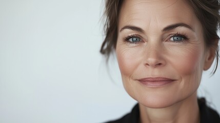 Naklejka premium A close-up portrait of an elegant, middle-aged woman against a white background, showcasing her radiant skin tone