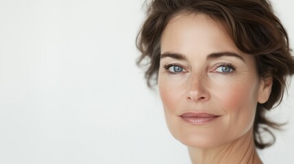 Fototapeta premium A close-up portrait of an elegant, middle-aged woman against a white background, showcasing her radiant skin tone