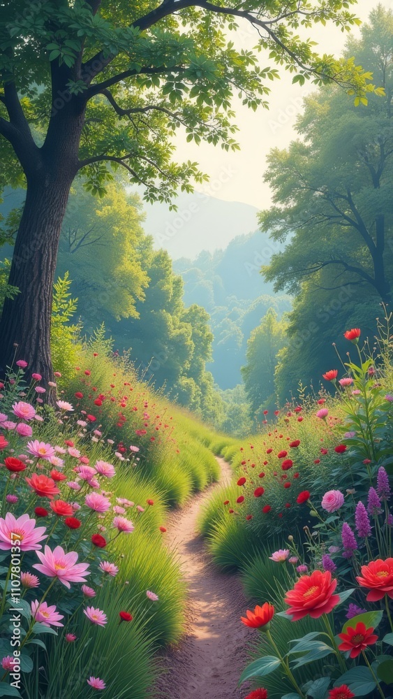 Poster a beautiful landscape with a path leading to a tree