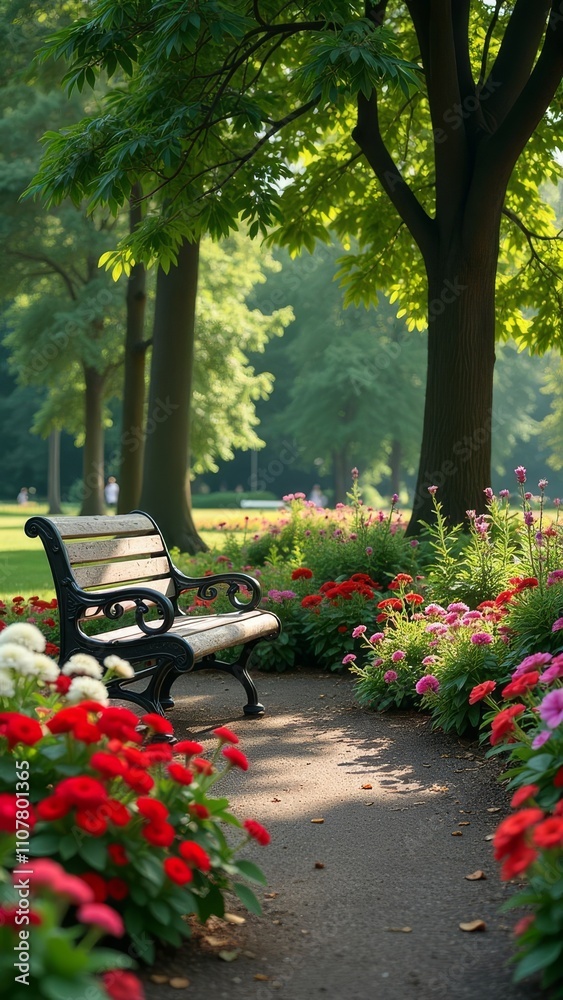 Poster a park with a bench under a tree and flowers in the background