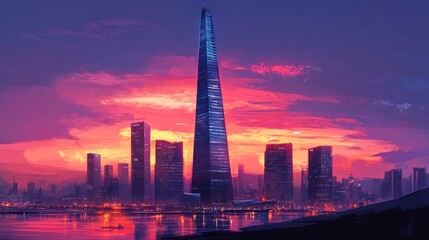 Fototapeta premium Vibrant sunset over a futuristic cityscape with a towering skyscraper and reflecting water.