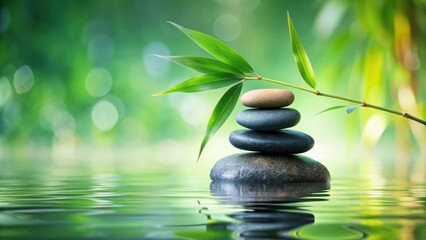 Serene Stack of Stones Adorned with a Bamboo Branch Floating on Tranquil Water