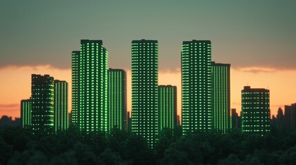 Obraz premium A skyline of tall buildings illuminated in green against a dusk sky, creating a futuristic and vibrant cityscape.