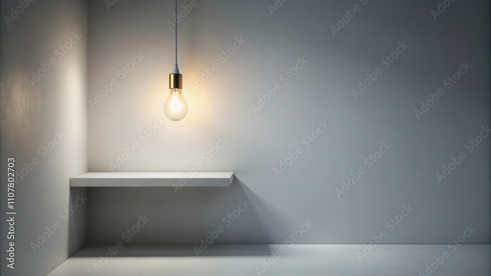 Poster minimalist interior design with a single lightbulb hanging over a shelf in a corner of a room