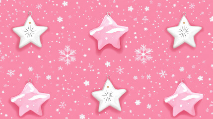 Seamless pink background featuring decorative stars and snowflakes, perfect for Christmas time celebrations. This festive design adds cheerful touch to any holiday project