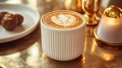 Obraz premium A beautifully crafted latte with intricate foam art beside a plate of cookies.