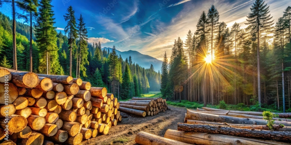 Poster Sunlight Filtering Through the Trees Illuminates a Forest Path Lined with Stacks of Freshly Cut Logs