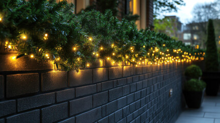 Obraz premium Decorative Christmas border with coniferous branches and warm lights, creating festive atmosphere. Perfect for holiday celebrations and winter decor
