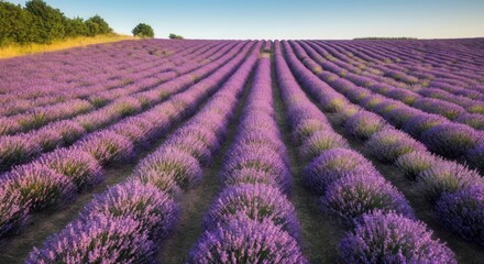 Obraz premium Tranquil lavender fields at sunset, serene nature landscape