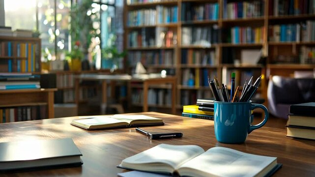 Cozy study space with books, notebook, and a coffee cup in a sunny library setting during the afternoon