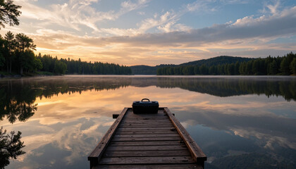 Fototapeta premium Tranquil lakeside view from a wooden pier at sunrise with a peaceful reflection