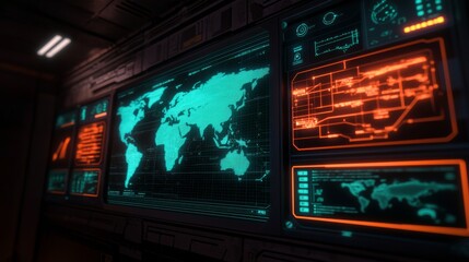 Obraz premium A futuristic display featuring a world map with digital interfaces, glowing in teal and orange, representing data analysis and global tracking.