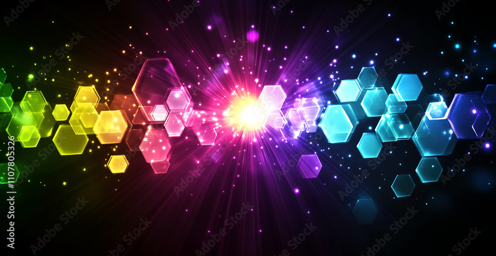 Poster Colorful hexagonal patterns create a vibrant visual effect against a dark background