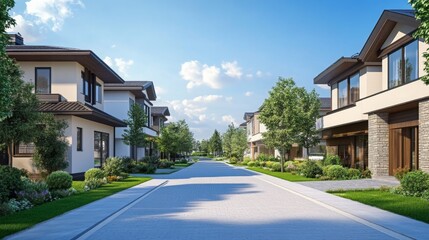 Obraz premium This suburban area showcases a beautiful street featuring contemporary homes designed with large windows and greenery. The bright sky and well-maintained landscaping create an inviting atmosphere.