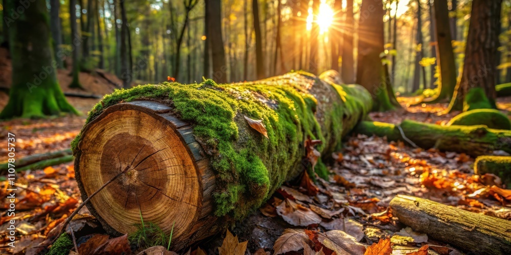 Aufkleber A Fallen Log Covered In Moss With Sunlight Filtering Through The Trees In An Autumn Forest