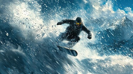 Fototapeta premium A snowboarder navigating through a snowy landscape with dynamic movement and energy.