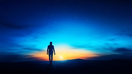 A silhouette walking towards a colorful sunset.