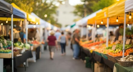 Obraz premium Bustling outdoor farmers market on sunny day