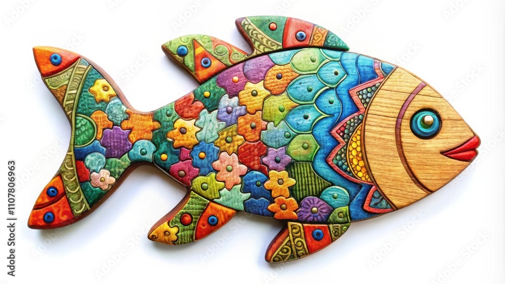Poster Handcrafted wooden fish with vibrant colors and intricate patterns, featuring a smiling face with red lips and a large eye