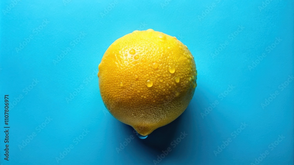 Aufkleber A single yellow lemon with water droplets on a blue background.  The lemon is centered in the frame and its skin is shiny and wet.