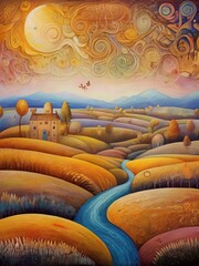 Scenic autumn landscape featuring trees in fall colors, hills in the background, and a bright moon above.