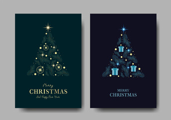 Set of Modern Christmas Tree Posters with Trendy Fonts. Vector illustration. Collection of Holiday Banners for social media, advertising, cards, web, marketing. Merry Christmas and Happy New Year.