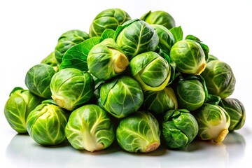 Fototapeta premium Fresh Brussels sprouts on a white background highlight healthy, organic produce rich in nutrients. Ideal for vegan diets and culinary creations, they provide essential dietary fiber.