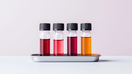 Four test tubes with colorful liquids on a tray against a light background.