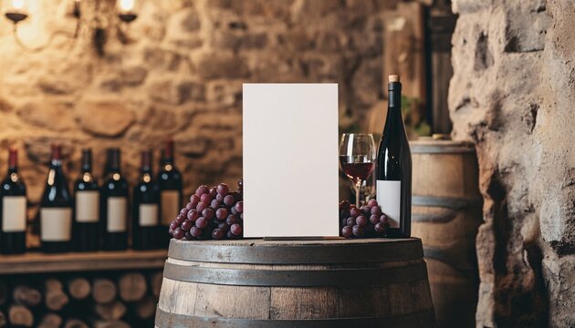 Menu Poster Mockup Resting on a Wooden Barrel in a Rustic Setting Ideal for Restaurant Promotion and Design Inspiration