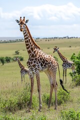 Fototapeta premium Graceful giraffes roam African savannah against a cloudy sky.